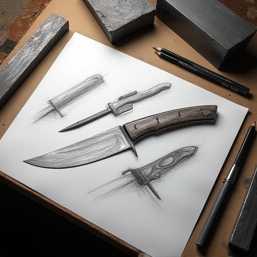 En skiss av en kniv bredvid olika bitar av stål.